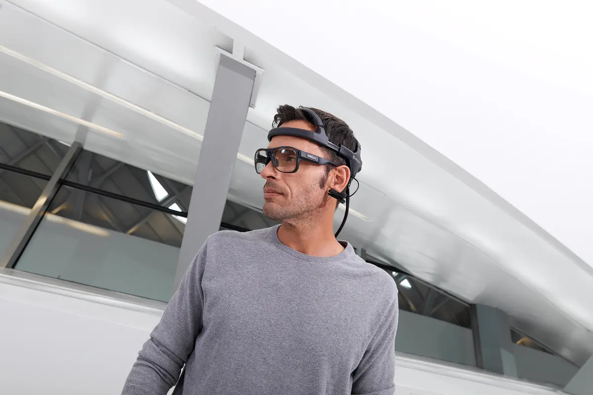 Participant wearing Tobii Pro Glasses 3 and a Bitbrain Diadem EEG headset