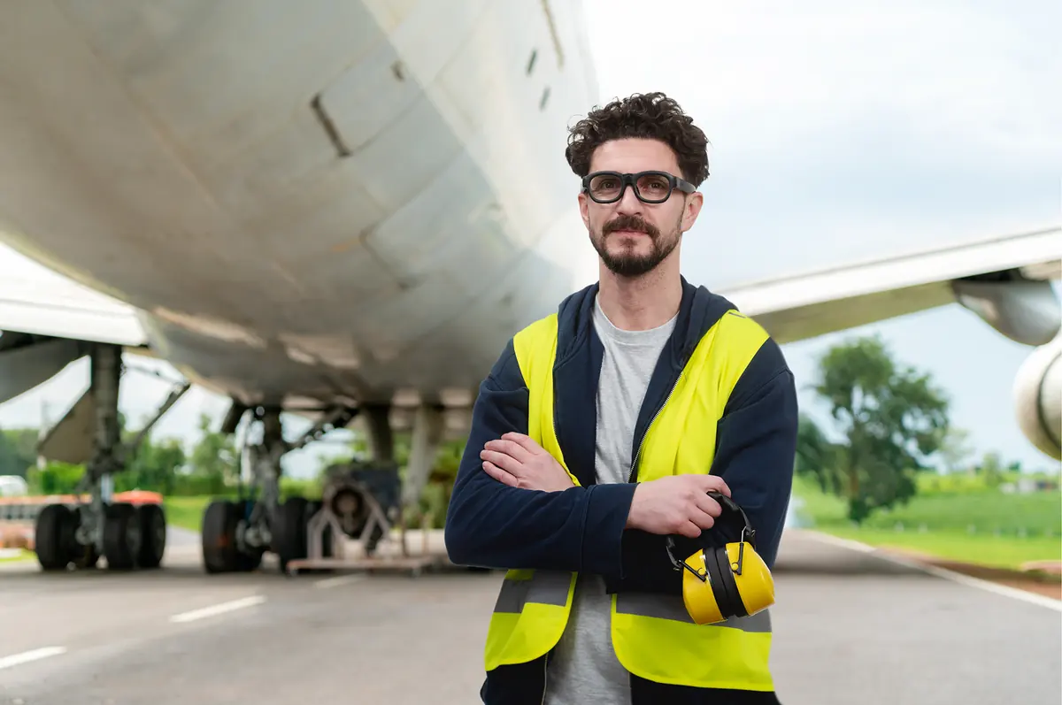 Engineer wearing Tobii Glasses X beside an aircraft