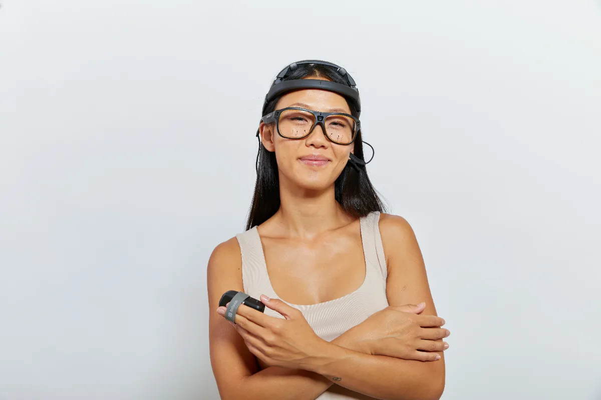 Participant wearing Bitbrain Diadem EEG, the Ring and Tobii Pro Glasses 3
