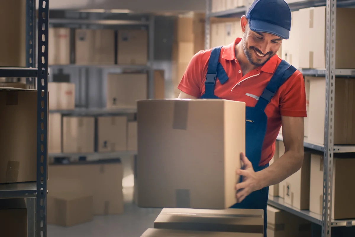 Worker carrying a parcel in a stockroom
