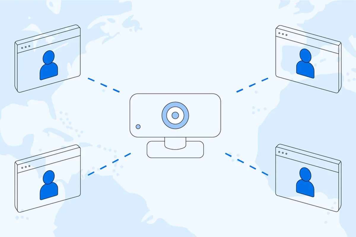 Illustration of remote participants connected through webcams around the world